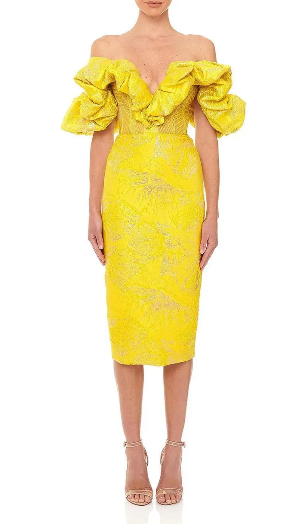 Radiant Yellow Jacquard Off-Shoulder Midi Dress with Statement Ruffle Sleeves