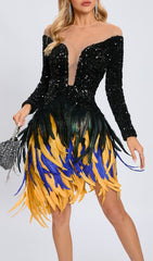 Glamorous Black Sequin & Vibrant Feather Long Sleeve Mini Dress