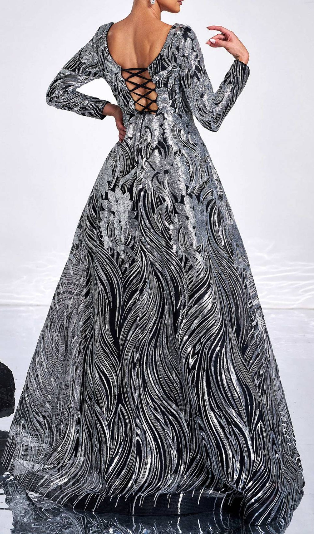 Charae Glamorous Silver Sequin Long Sleeve Maxi Gown