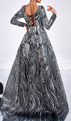 Charae Glamorous Silver Sequin Long Sleeve Maxi Gown