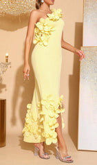 Radiant Yellow One-Shoulder 3D Floral Maxi Dress with Slit
