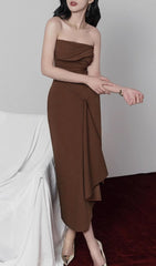 Gali Elegant Strapless Asymmetrical Brown Midi Dress