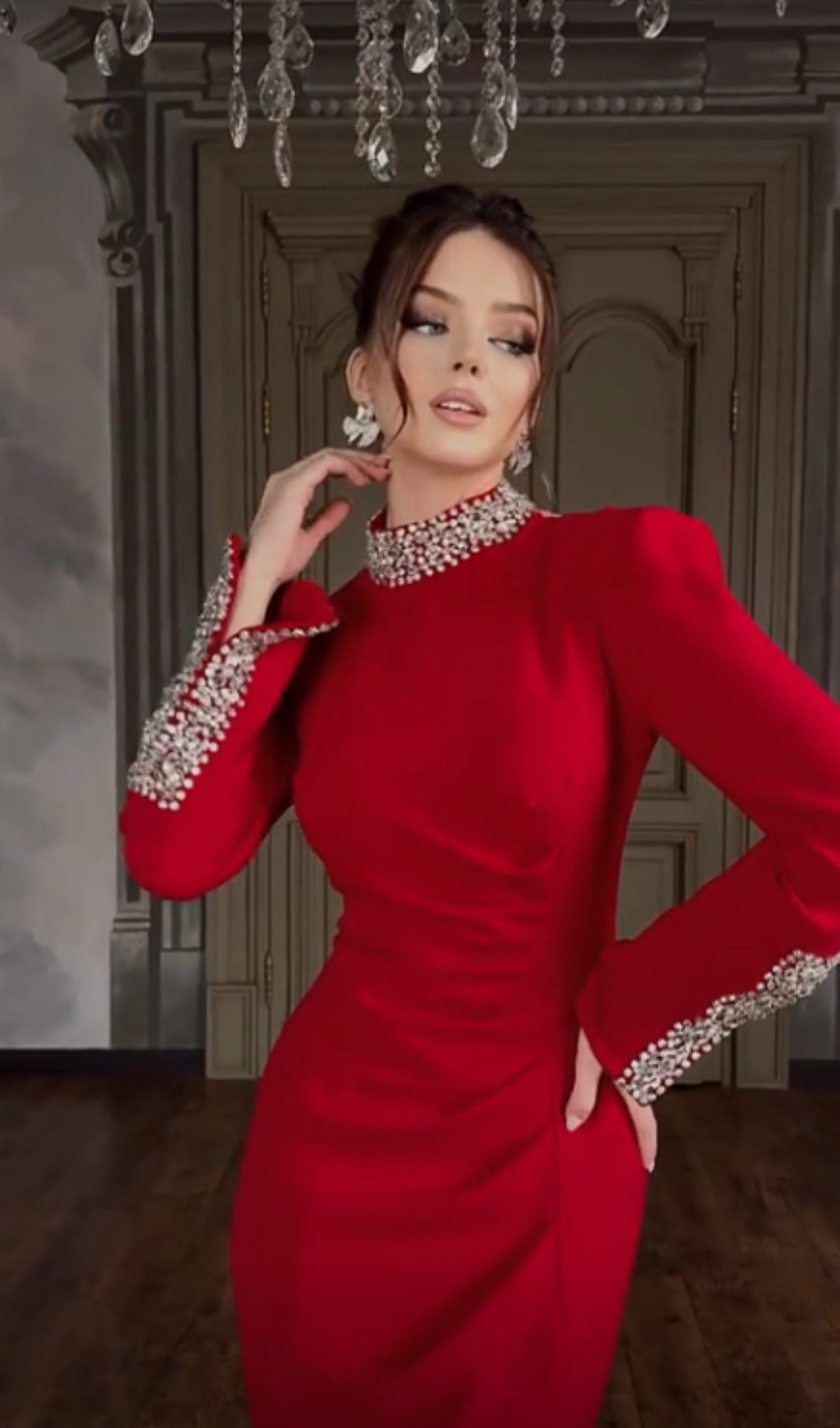 Glamorous Red Crystal Embellished Mock Neck Midi Dress