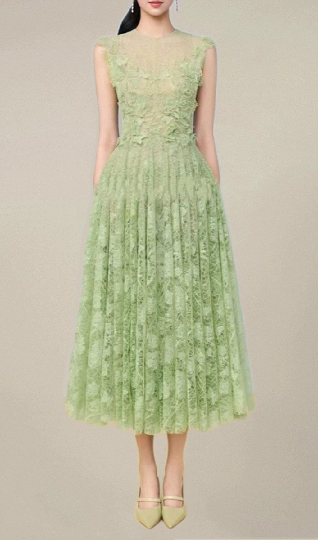 Hisaye Enchanting Lace & Mesh Pleated Midi Dress