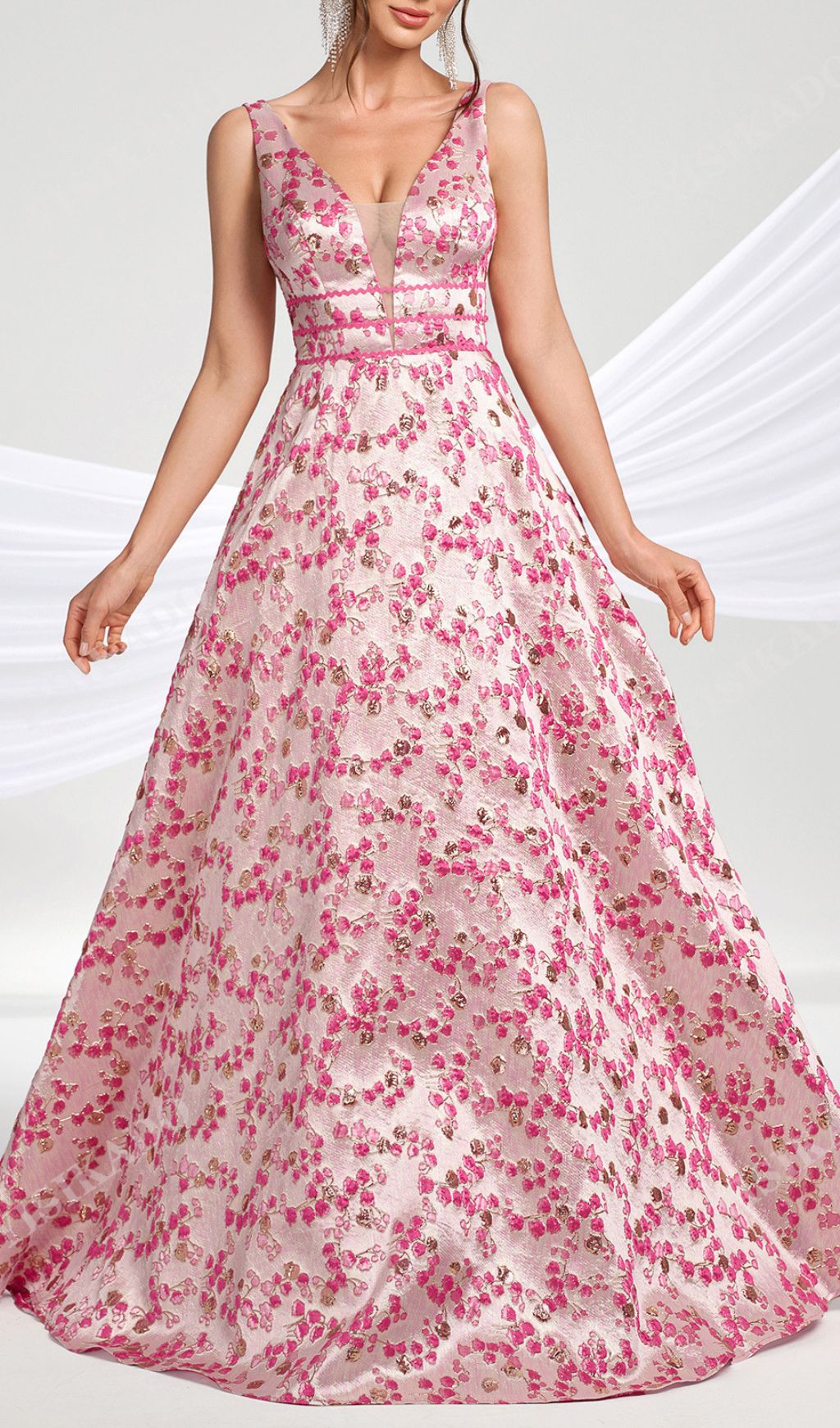 Hamida Enchanting Pink Floral V-Neck Maxi Dress