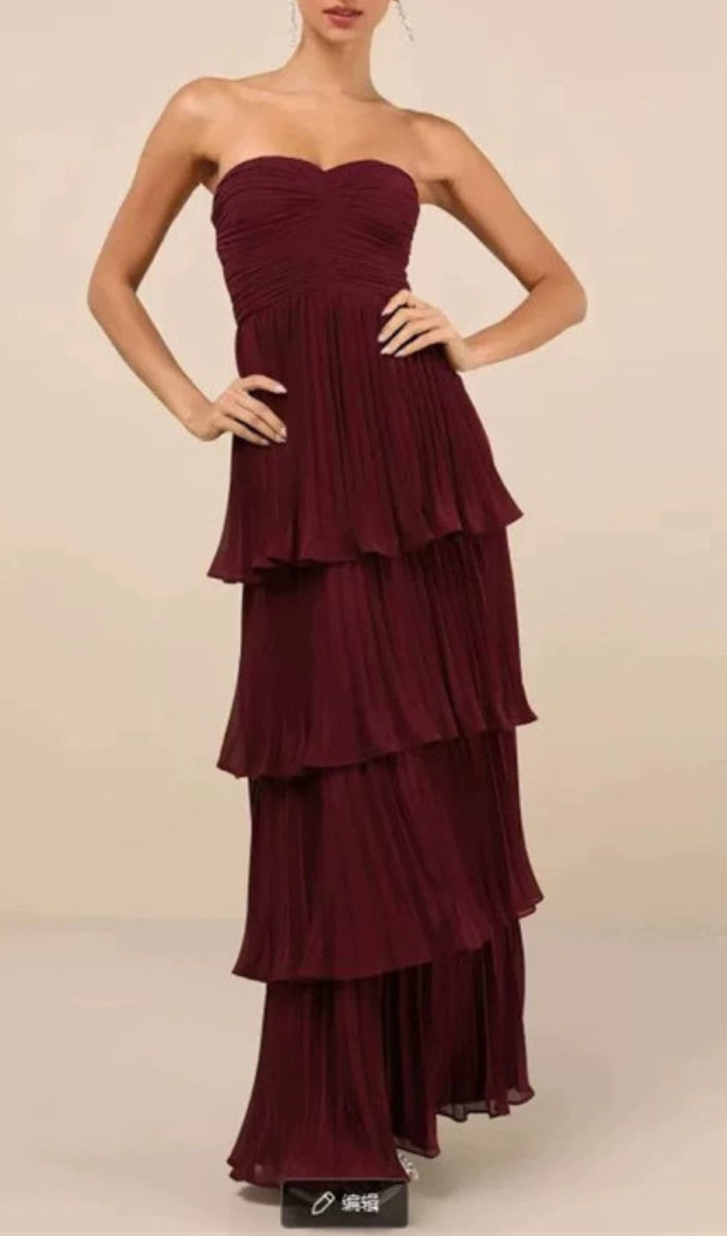 Ensio Wine Strapless Tiered Pleated Maxi Dress