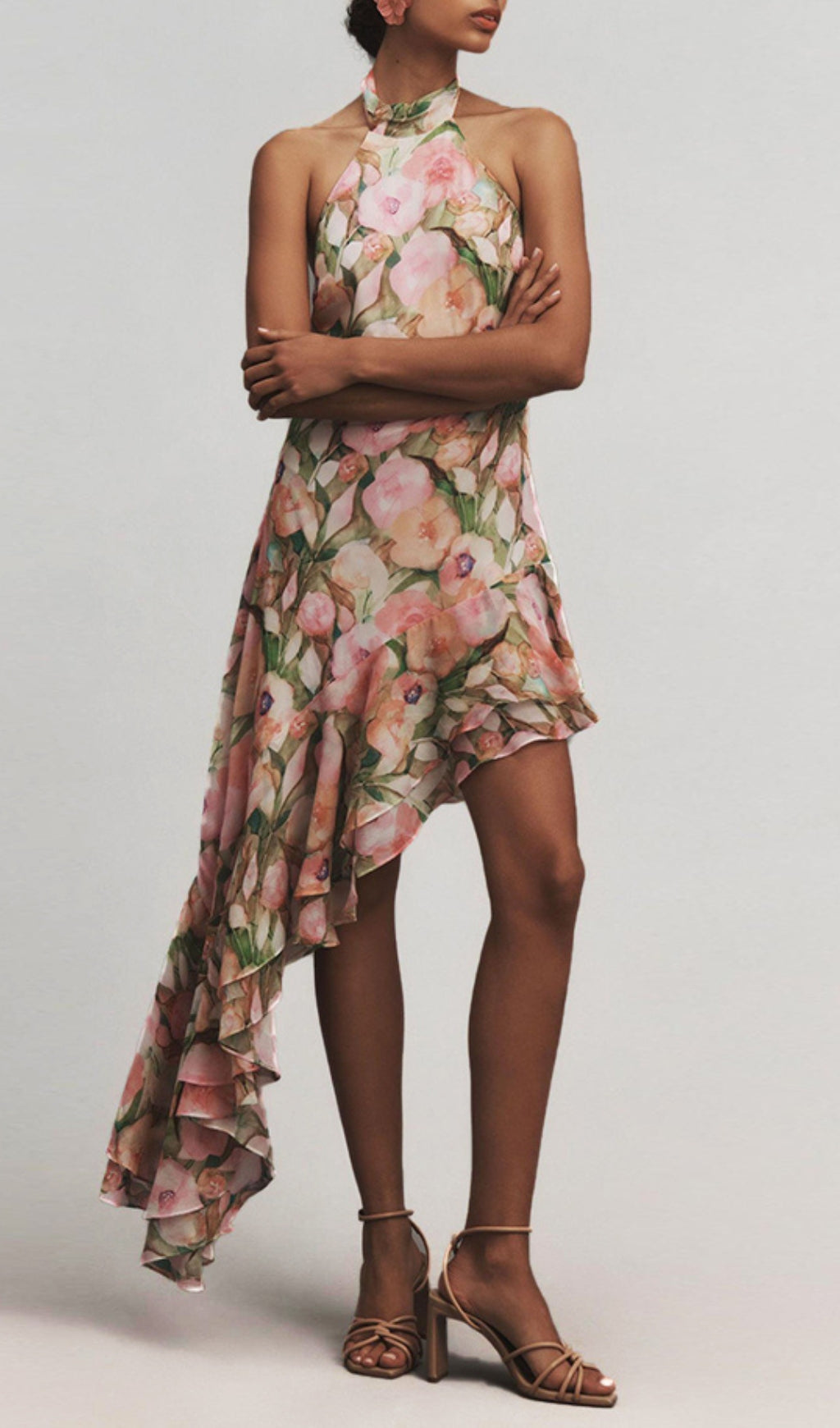 Dreamy Floral Ruffle Halter Maxi Dress