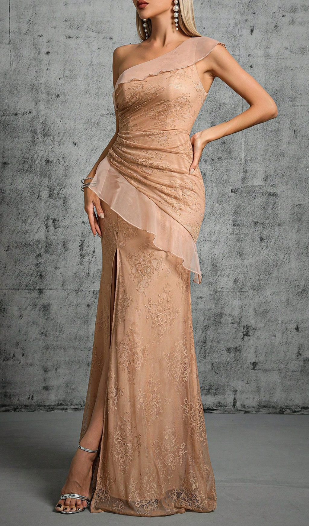 Genevra Glamorous One-Shoulder Lace Maxi Gown with High Slit