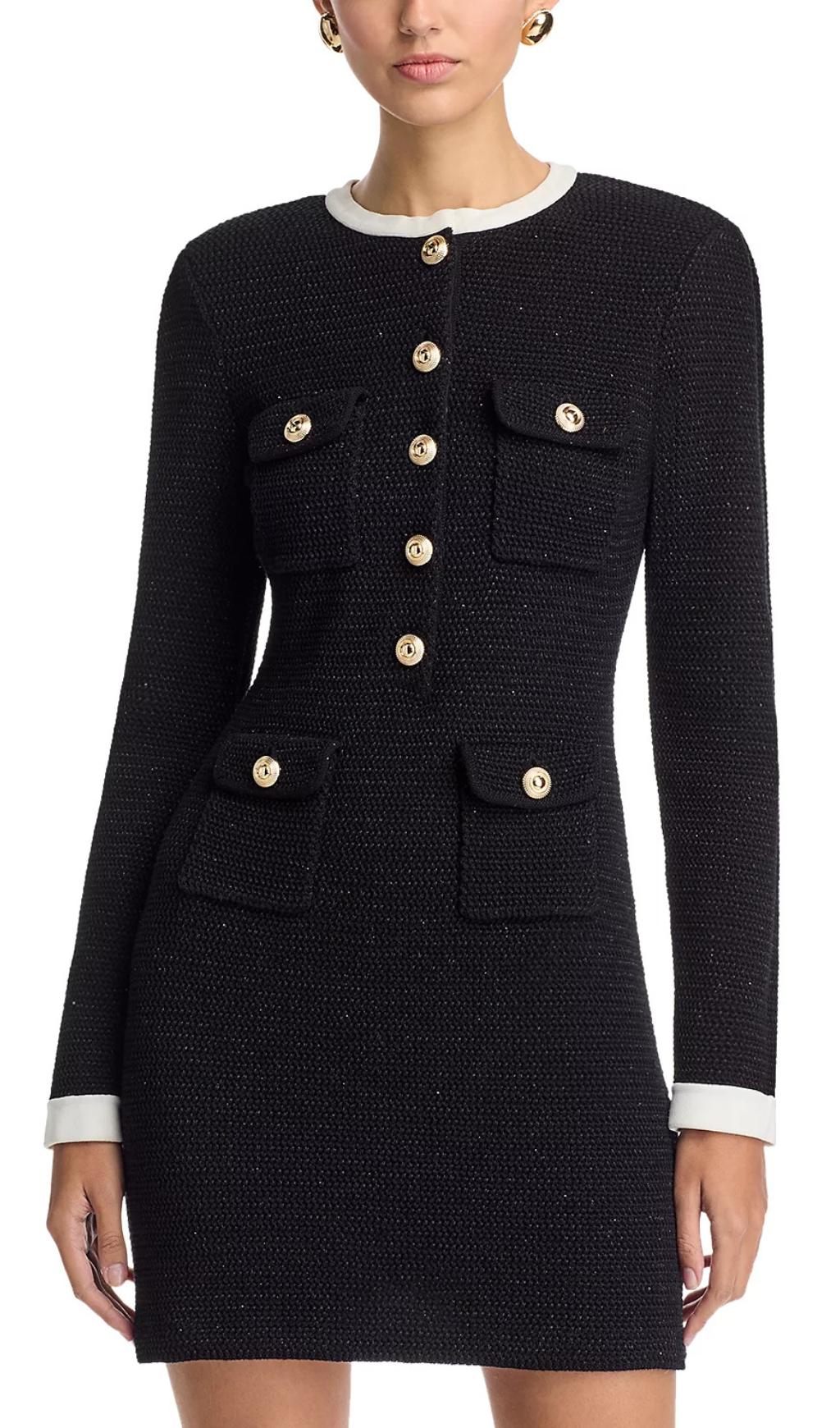 Chic Black Knit Mini Dress with Gold Buttons & Contrast Trim