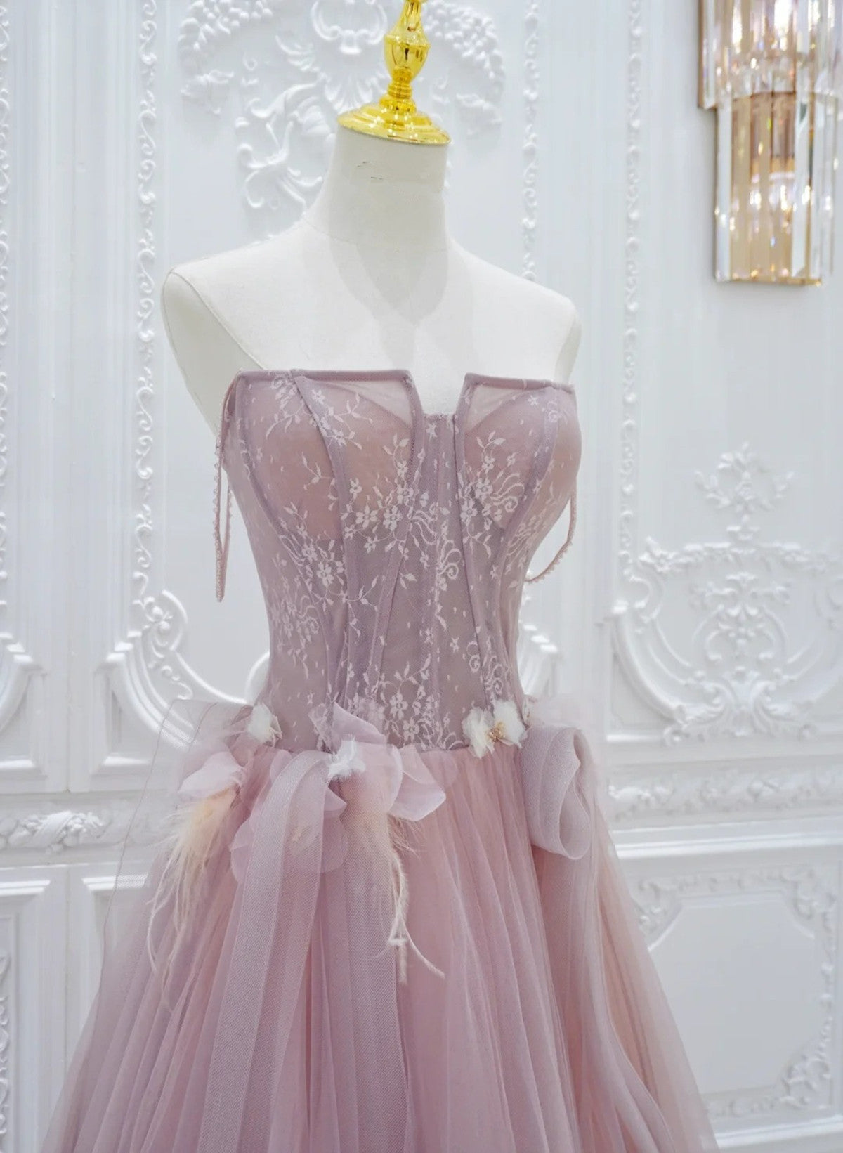 Vestido de fiesta de tul rosa con encaje y corte A 