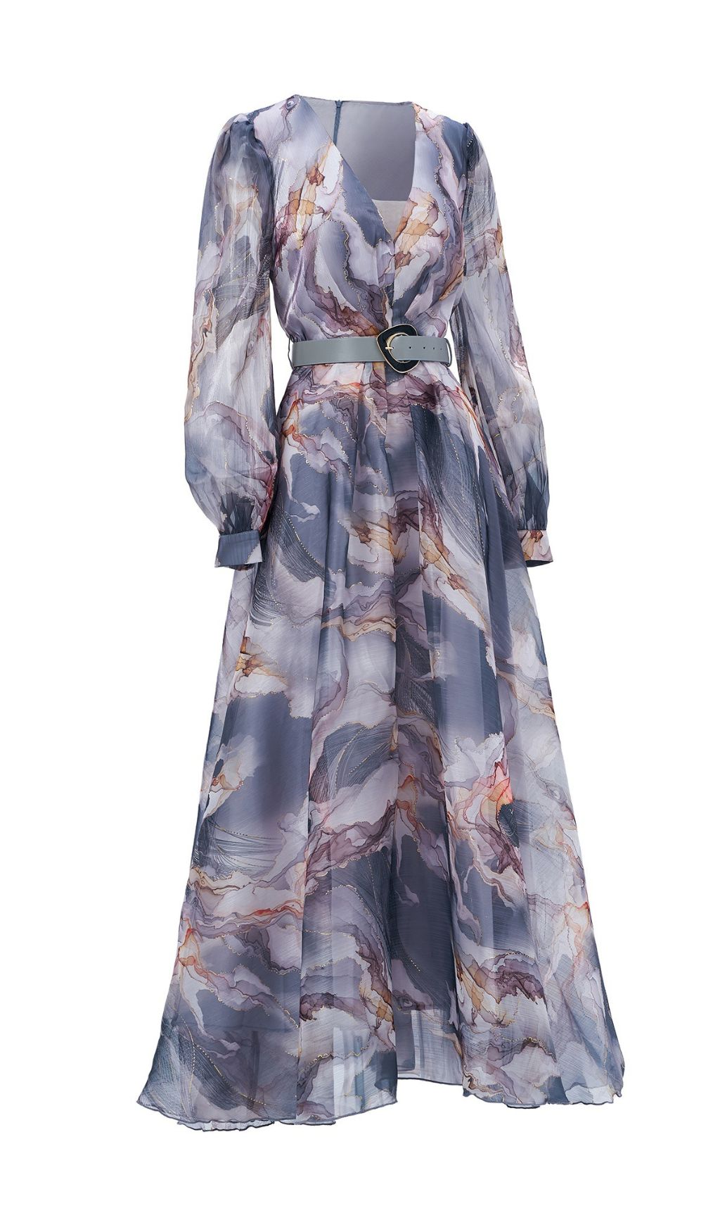 Feryal Artistic Marble Print Long Sleeve Maxi Dress