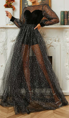 Catlyn Black Glitter Mesh Sweetheart Maxi Dress with Velvet Bodice