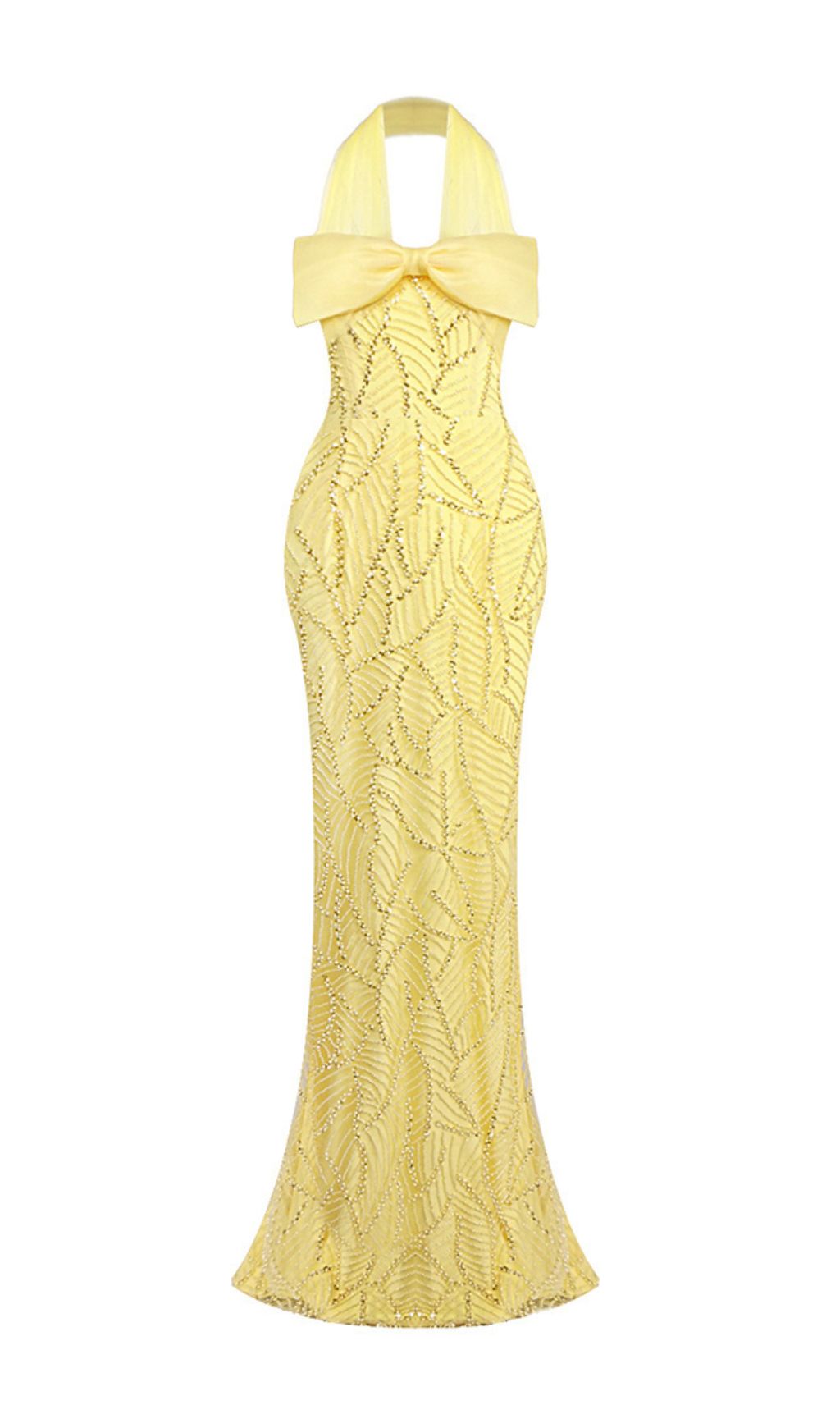 Jermaine Yellow Halter Bow Beaded Maxi Gown