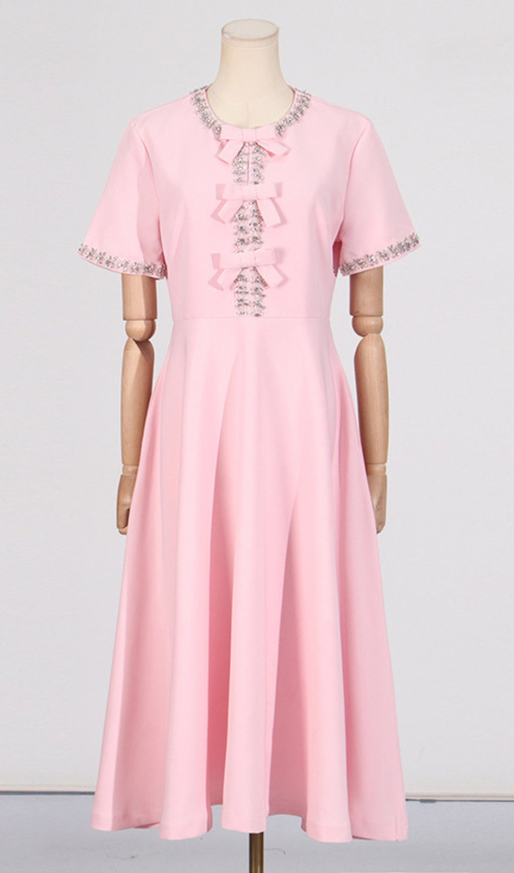 Chic Pink Bow & Crystal Embellished Midi Dress