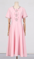 Chic Pink Bow & Crystal Embellished Midi Dress