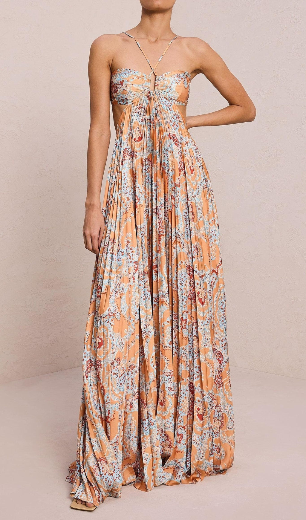 Dorisa Boho Chic Printed Pleated Backless Maxi Dress