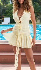 Radiant Yellow Floral Ruffle V-Neck Mini Dress