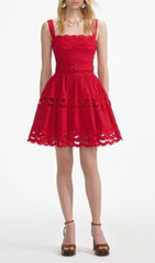 Evodia Flirty Red Embroidered Mini Dress with Chic Eyelet Cutouts & Belt