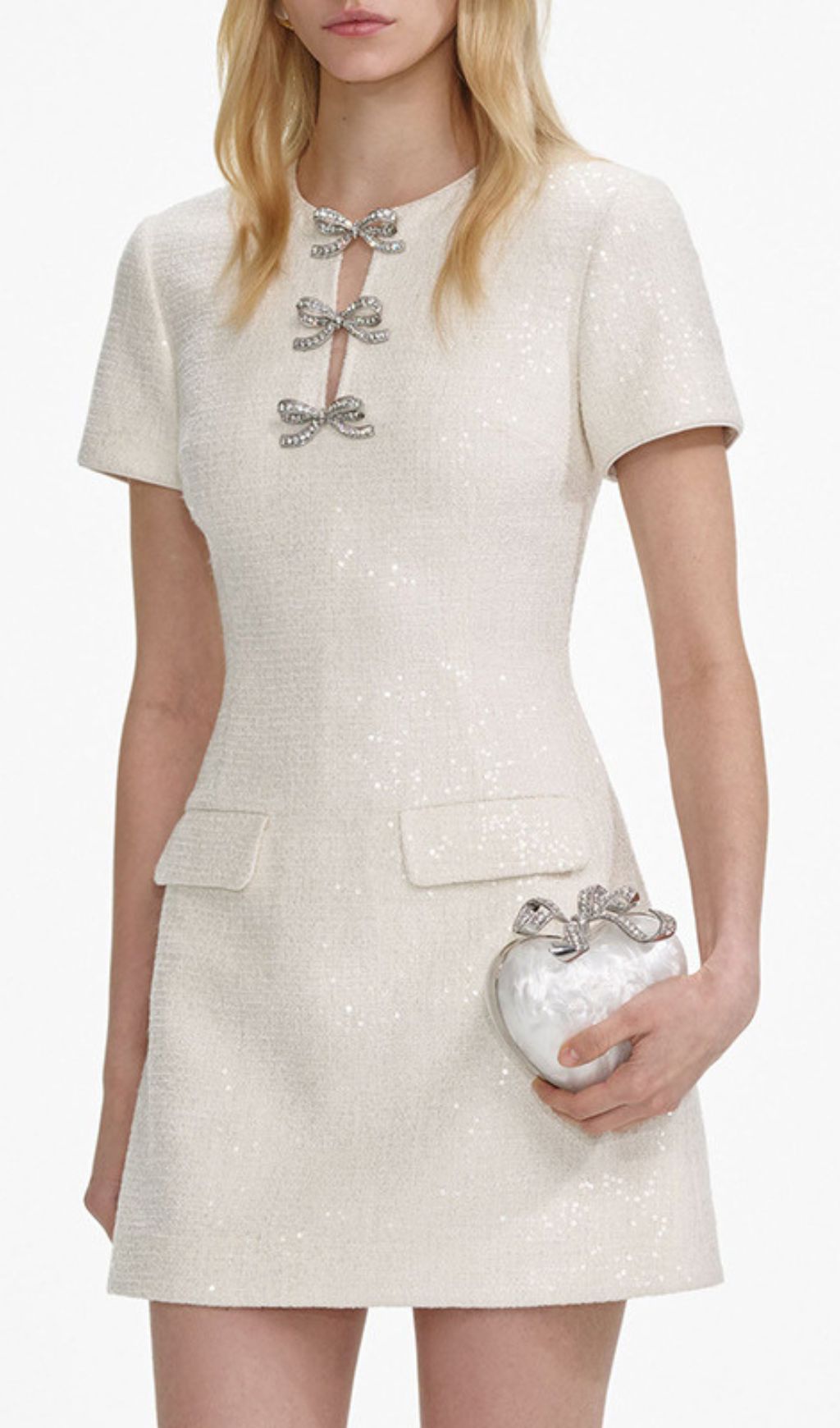 Chic Ivory Sparkle Bow Mini Dress