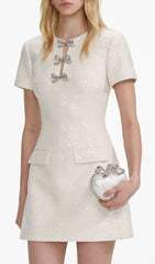 Chic Ivory Sparkle Bow Mini Dress