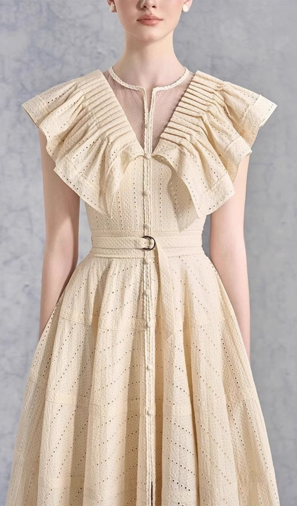 Doris Chic Pleated Eyelet Midi Dress