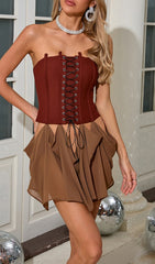 Evella Daring Lace-Up Corset Mini Dress with Sheer Ruffle Skirt