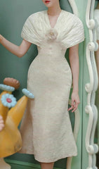 Endre Chic V-Neck Midi Dress with Pleated Sleeves & 3D Floral Appliqu