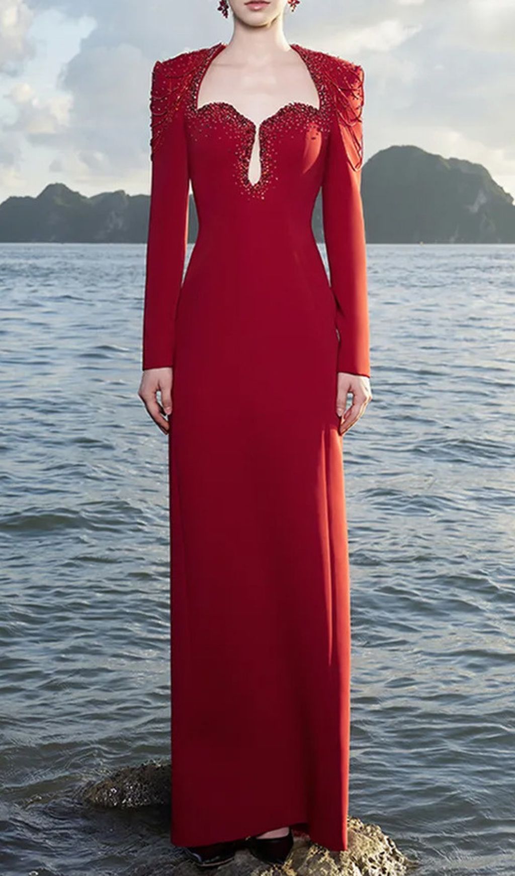 Fyra Luxe Diamante Chain Shoulder Long Sleeve Maxi Gown