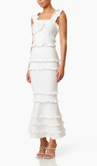 Duana Chic White Floral Ruffle Tiered Midi Dress