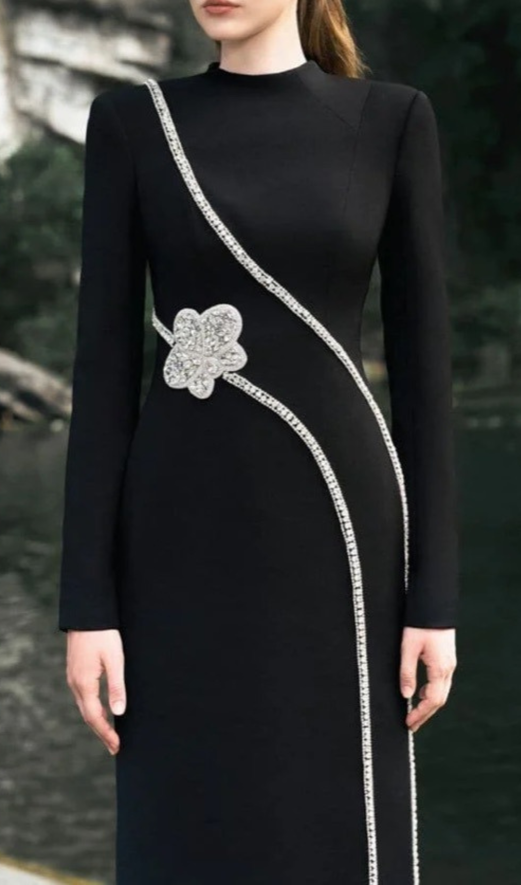 Galatia Black Diamante Embellished Long Sleeve Maxi Evening Gown