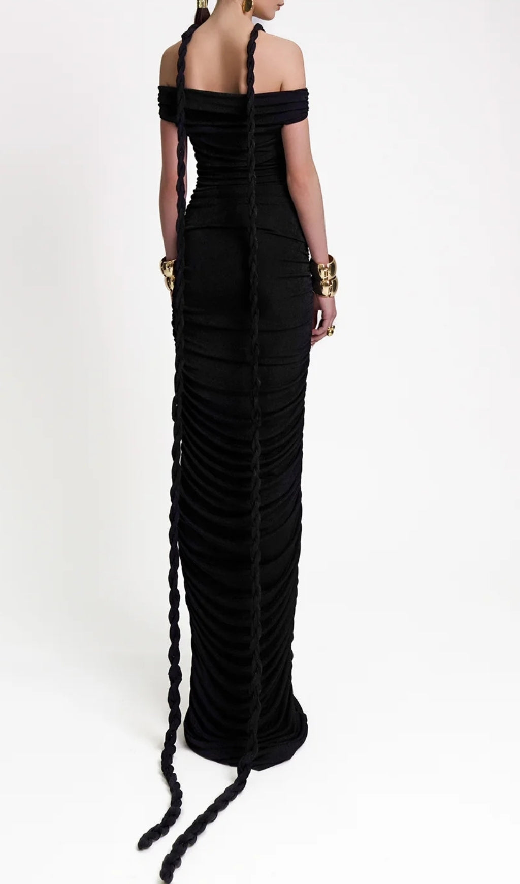 Elegant Black Bardot Ruched Maxi Dress with Braid Detail