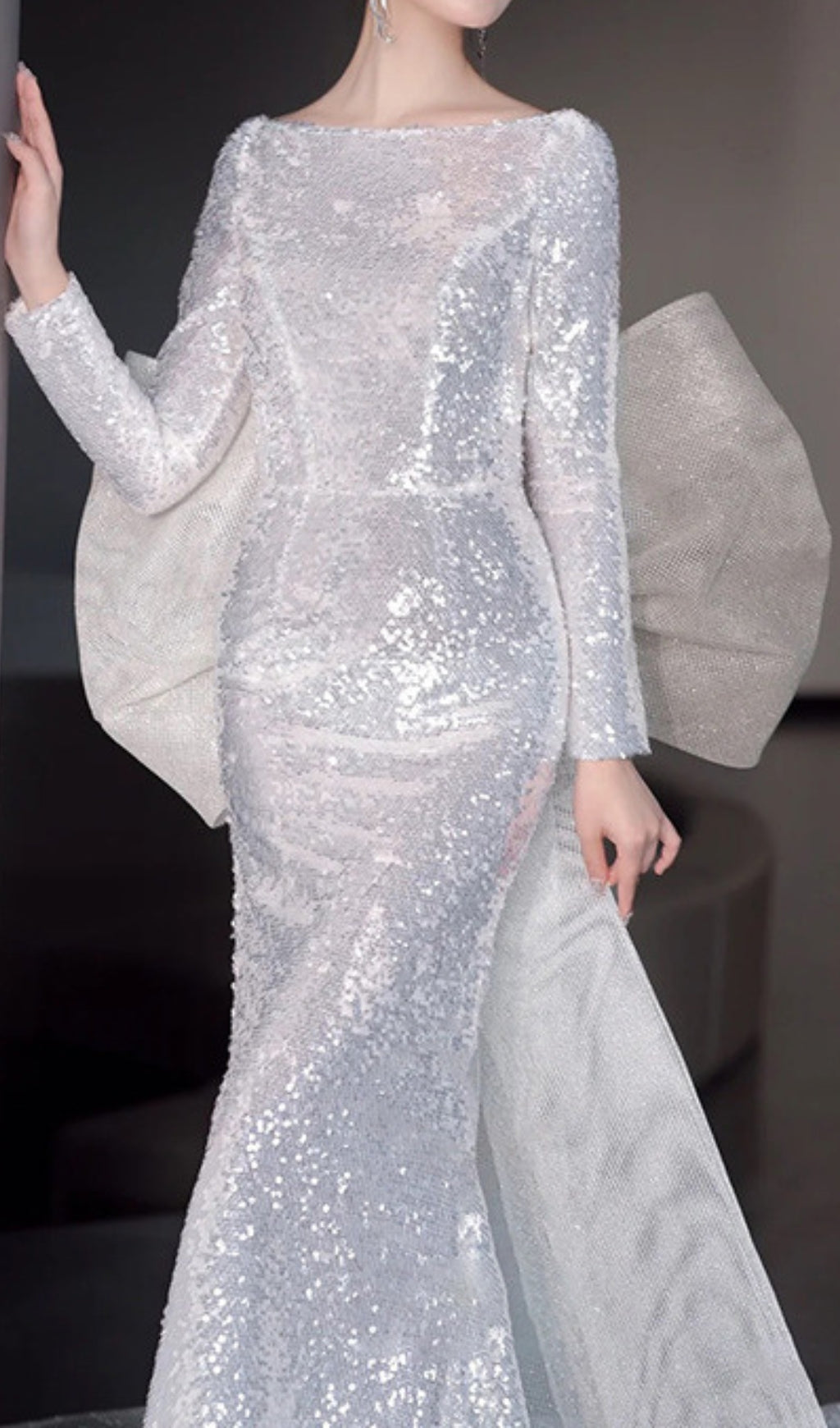 Cyma Glamorous Sequin Mermaid Gown with Dramatic Bow & Long Sleeves