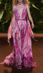 Etana Vibrant Pink Feather Print Halter Maxi Dress