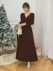 Wine Red Velvet Long Sleeves Party Dress