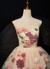 Vestido de fiesta color champán claro con escote redondo y flores bonitas 