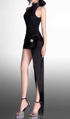 Ela Black Halter Sparkle Maxi Dress with Dramatic Thigh Slit