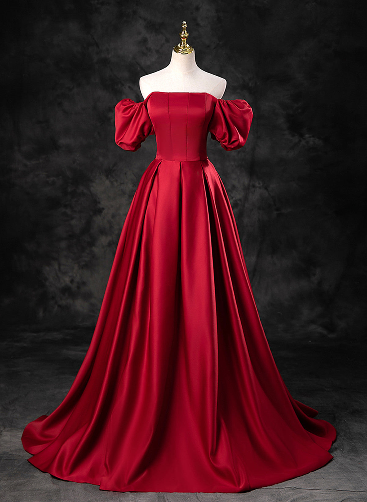 Red Satin A-line Short Sleeves Long Prom Dress