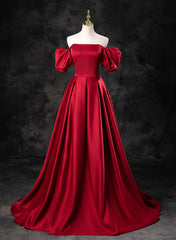 Red Satin A-line Short Sleeves Long Prom Dress