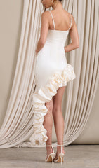 Abigail Ivory Satin Draped Ruffle Asymmetrical Cocktail Dress