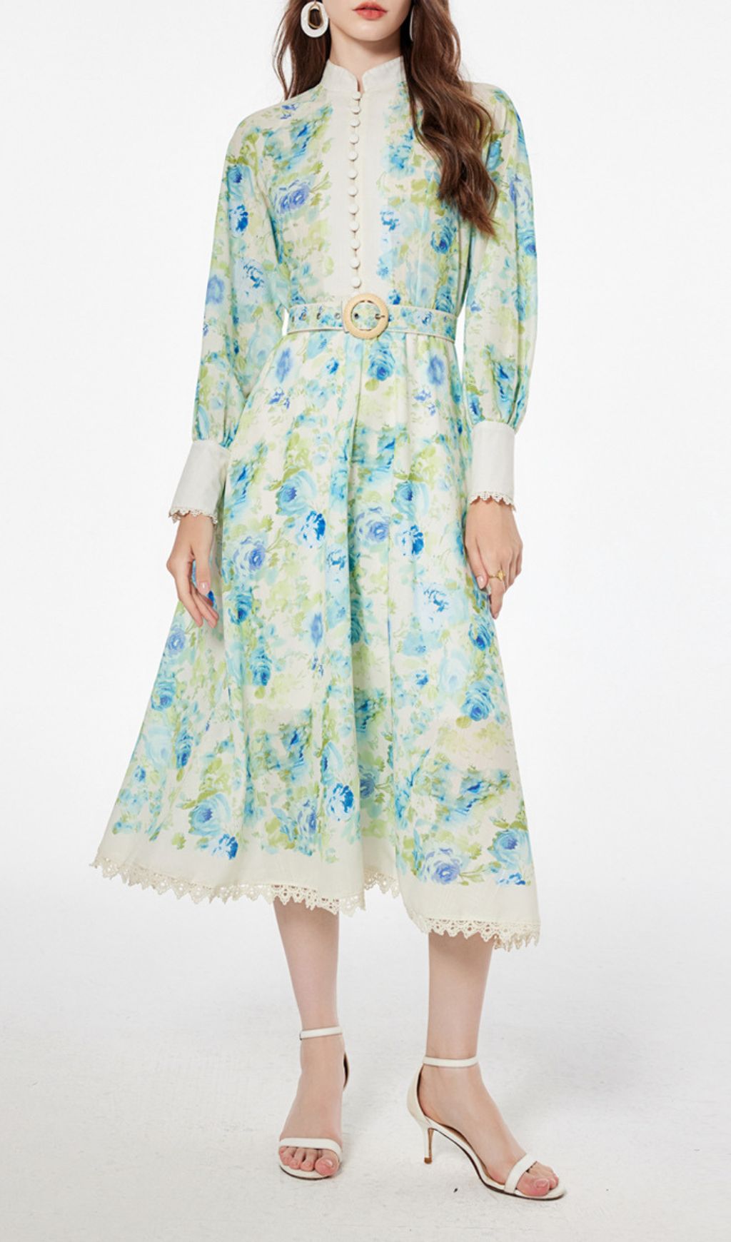 Chic Green & Blue Floral Long Sleeve Midi Dress