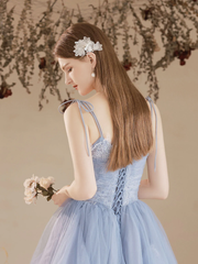 Light Blue Tulle with Lace Straps A-line Prom Dress