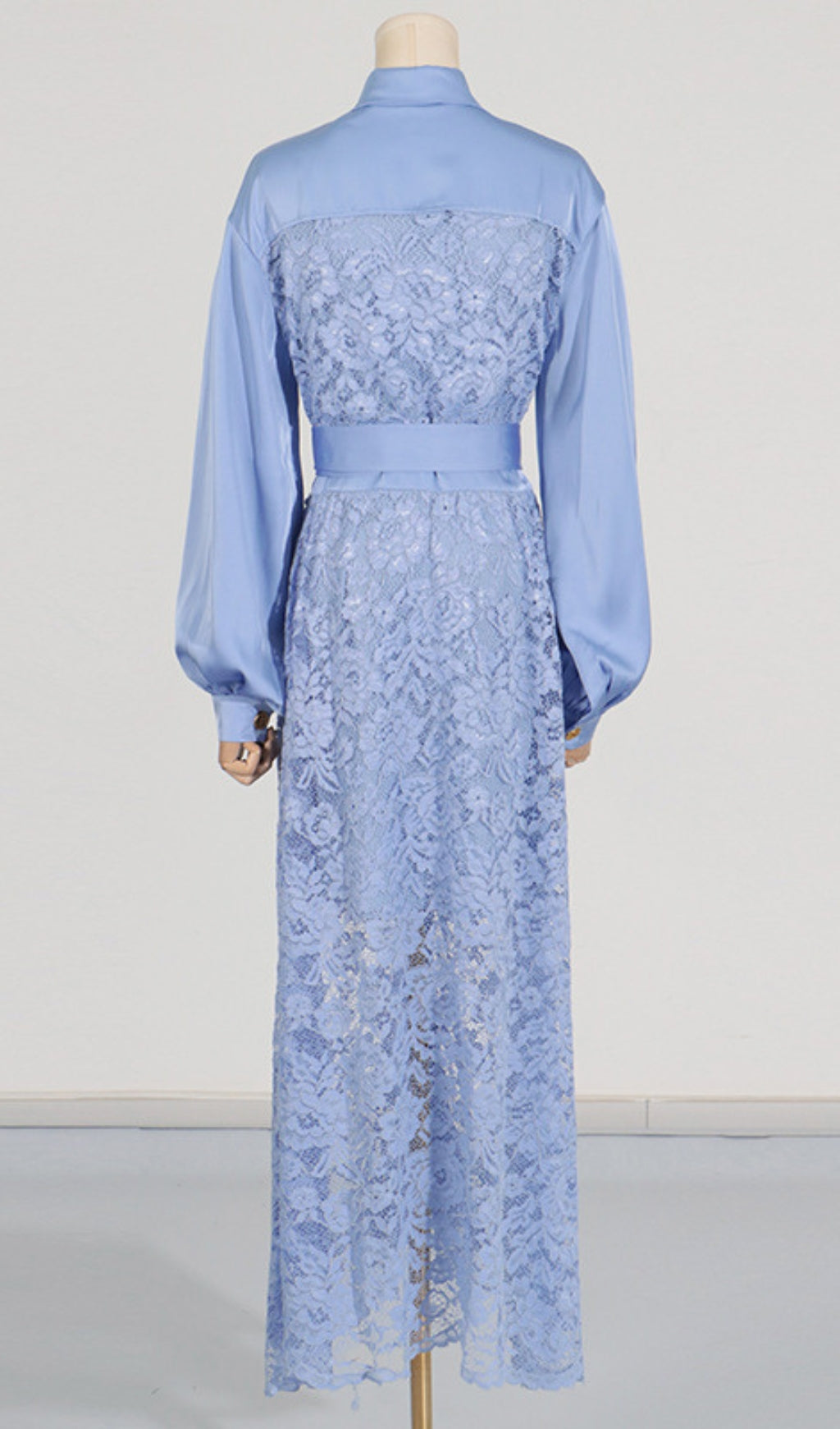 Carissa Elegant Periwinkle Lace & Belted Long Sleeve Maxi Dress