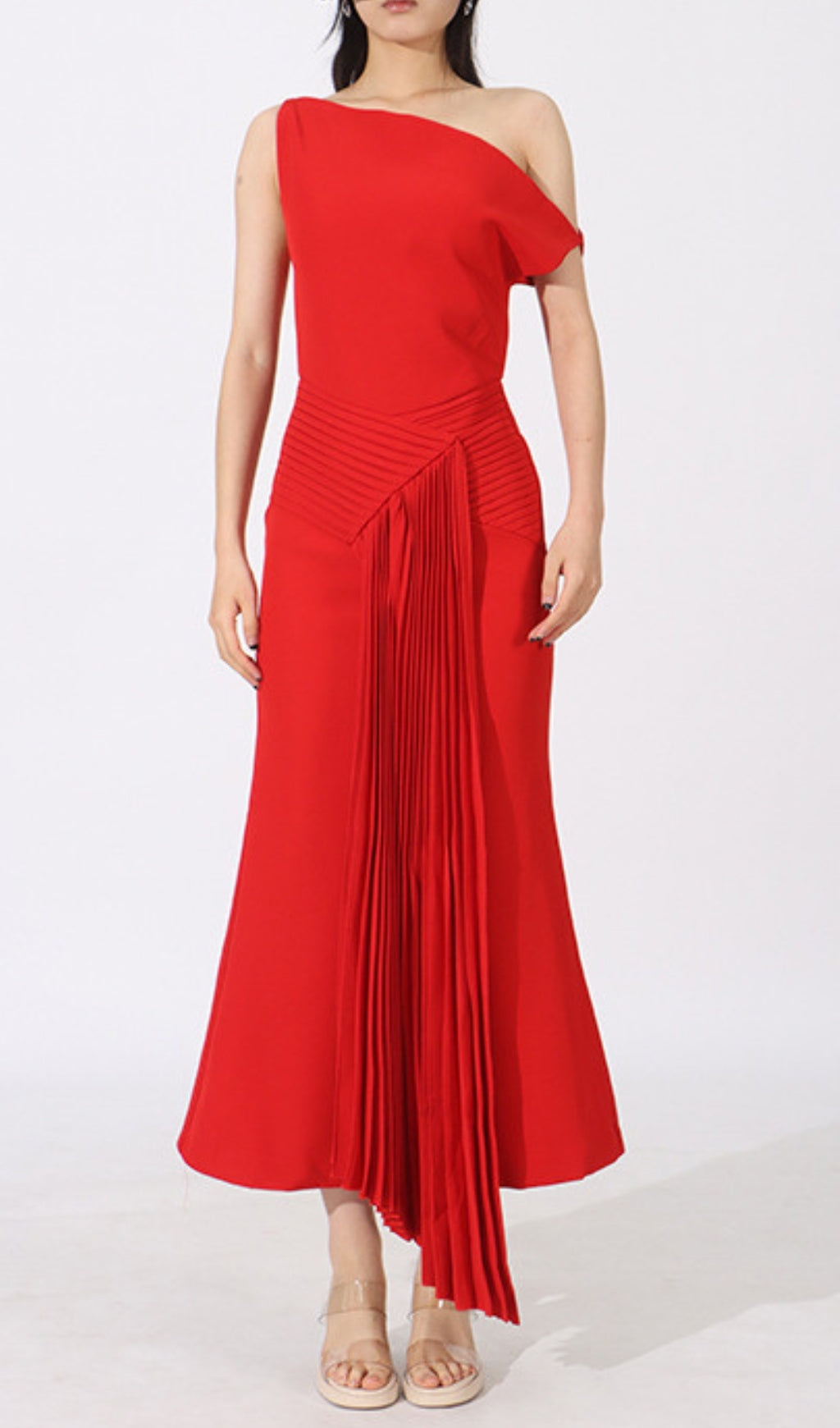 Eren Elegant Red One-Shoulder Pleated Maxi Dress