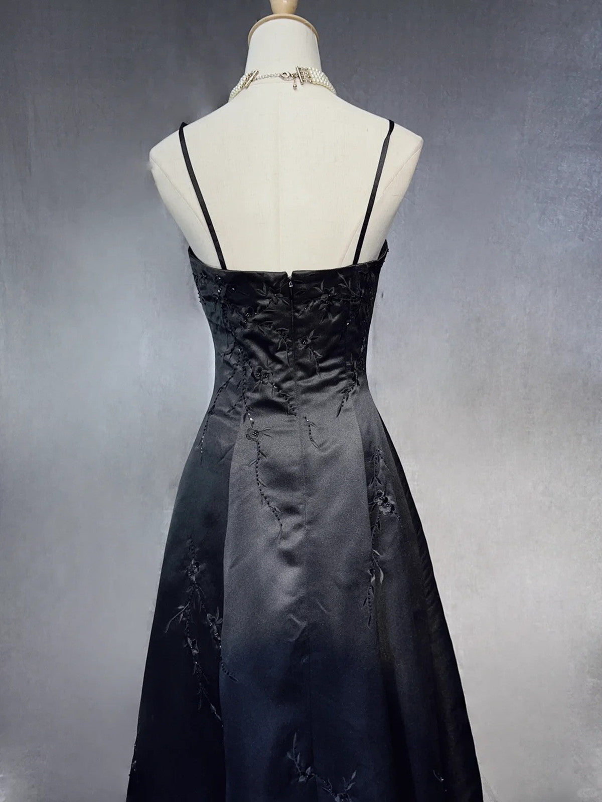 Black A-line Satin with Lace Applique Prom Dress