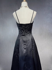 Black A-line Satin with Lace Applique Prom Dress