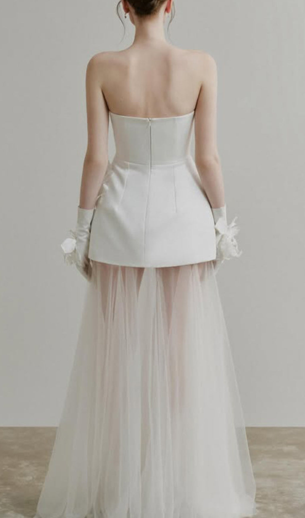 Doli White Strapless 3D Floral Sheer Tulle Statement Gown