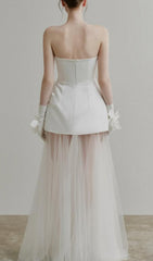 Doli White Strapless 3D Floral Sheer Tulle Statement Gown