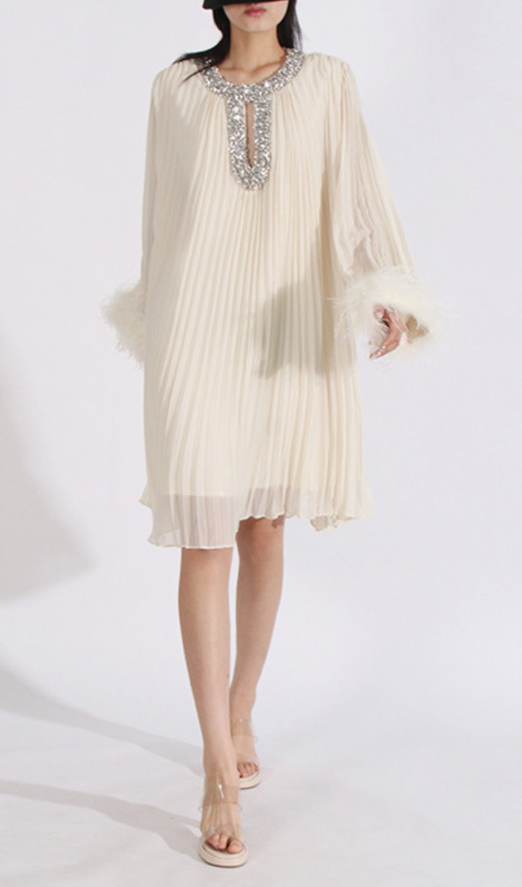 Dazzling Sky Blue Pleated Mini Dress with Feather Cuffs & Crystal Neckline