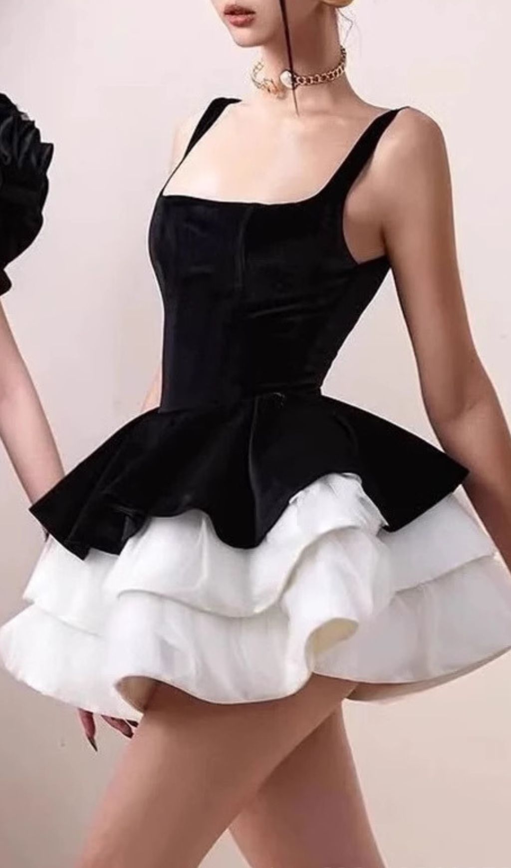 Chic Black Velvet & White Ruffle Mini Dress