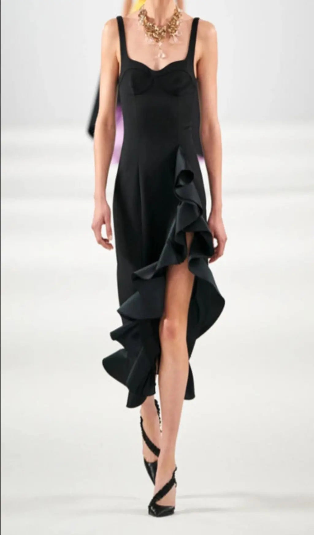 Glamorous Black Ruffle Midi Dress with Bustier Bodice